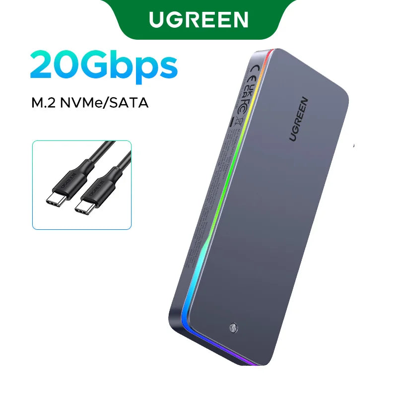 20Gbps M.2 NVMe/SATA SSD Enclosure - USB 3.2 Gen2x2 Type-C External Adapter with RGB Lighting
