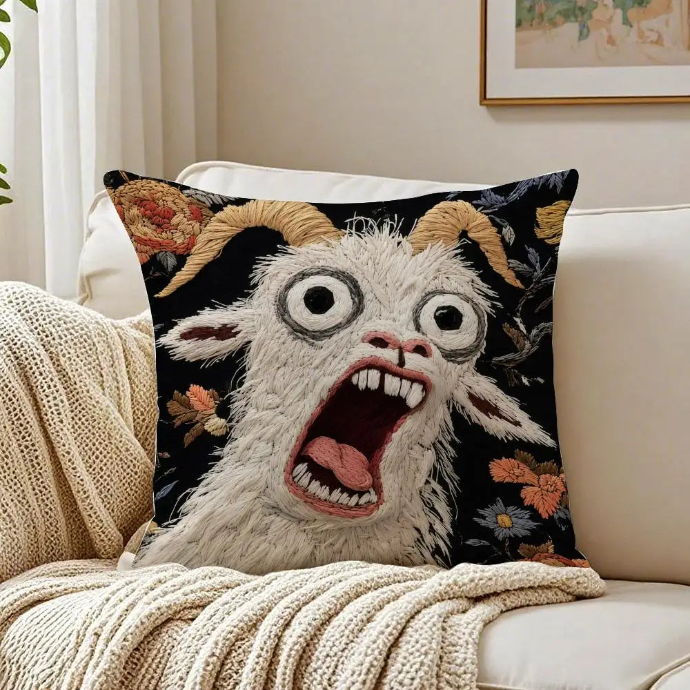 Funny Screaming Goat Plush Pillow Cover — Short Plush Cushion Case, Breathable & Washable with Invisible Zipper