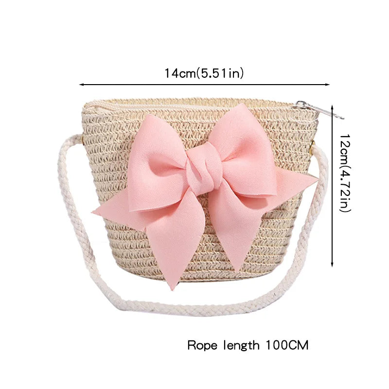 Girls Straw Floral Messenger Backpack with Zipper – Japan & Korean Style Kids Bag 12 x 14 cm (4.7 x 5.5 in)