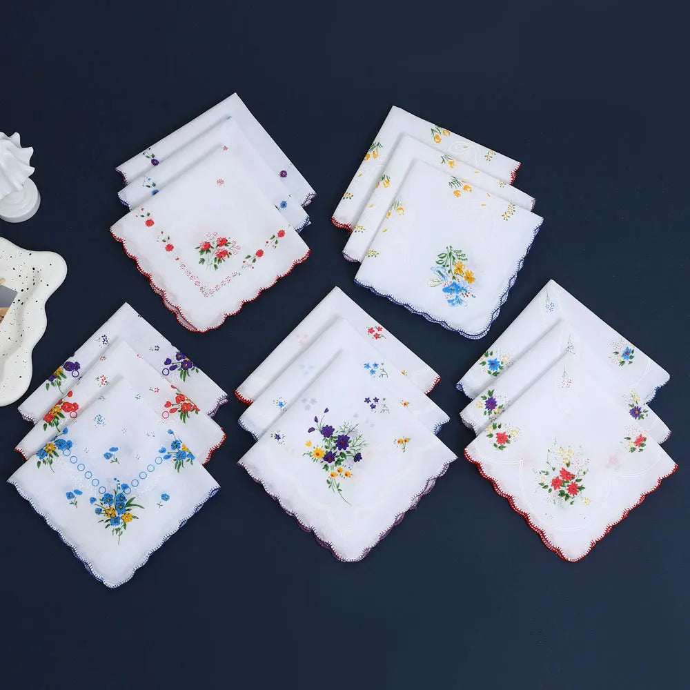 6-Pack Cotton Floral Handkerchiefs for Women, 28 cm (11 in) Scalloped Edge Pocket Towels & Wedding Napkins