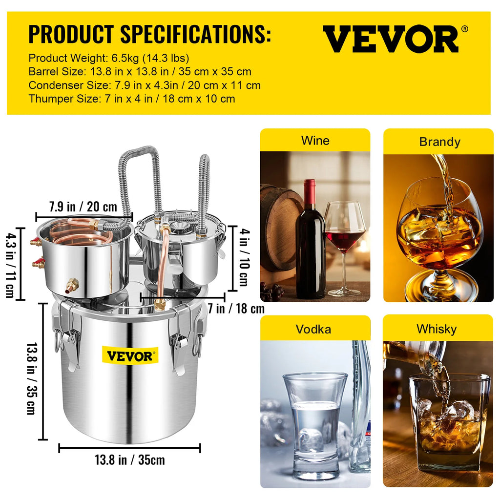 Home Alcohol Distiller Still Kit – 3 Gal / 12 L & 8 Gal / 30 L (Stainless Steel + Copper) DIY Whisky Brandy Vodka Brewing Kit
