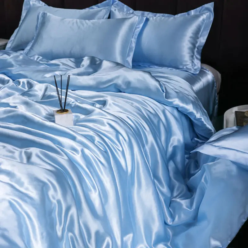 Ice Silk Satin 4-Piece Duvet Cover Set – Silky Solid Color Bedding (Duvet Cover + 2 Pillowcases + Sheet), Fits 1.5–2.2 m (5–7 ft) Beds