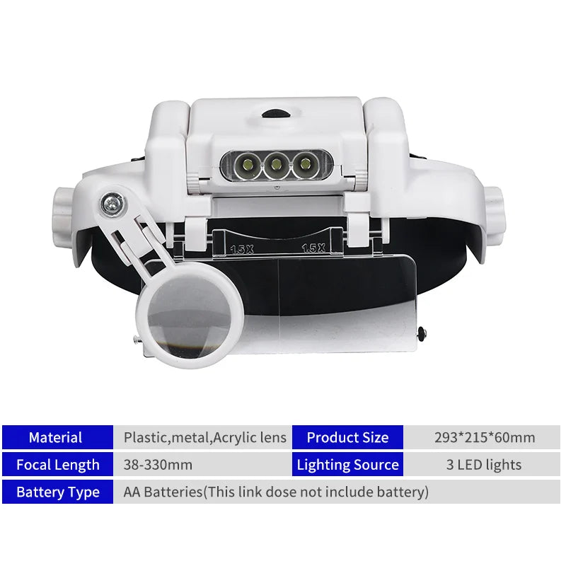 LED Headband Magnifier Hands-Free with Interchangeable Lenses 1.5x–8x for Jewelry, Watch & Electronics Repair