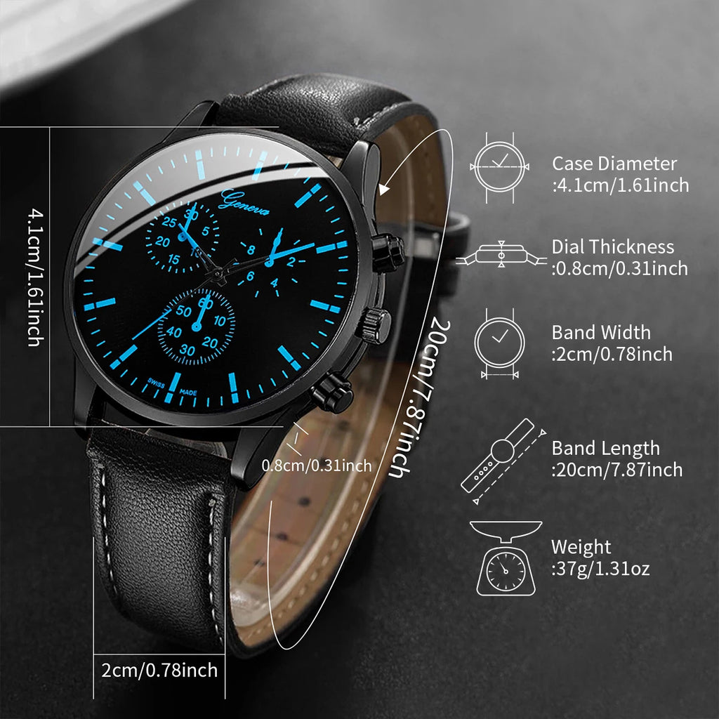 3-Piece Men's Business Casual Quartz Watch Set with Leather Strap, Necklace & Bracelet — 41mm (1.61 in) Case