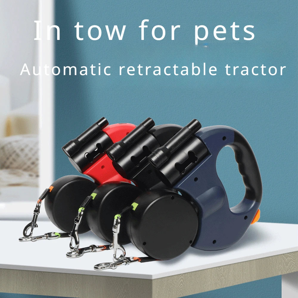 Retractable Dual Dog Leash with LED Flashlight - 10 ft (3.05 m) Extendable Two-Lead Leash