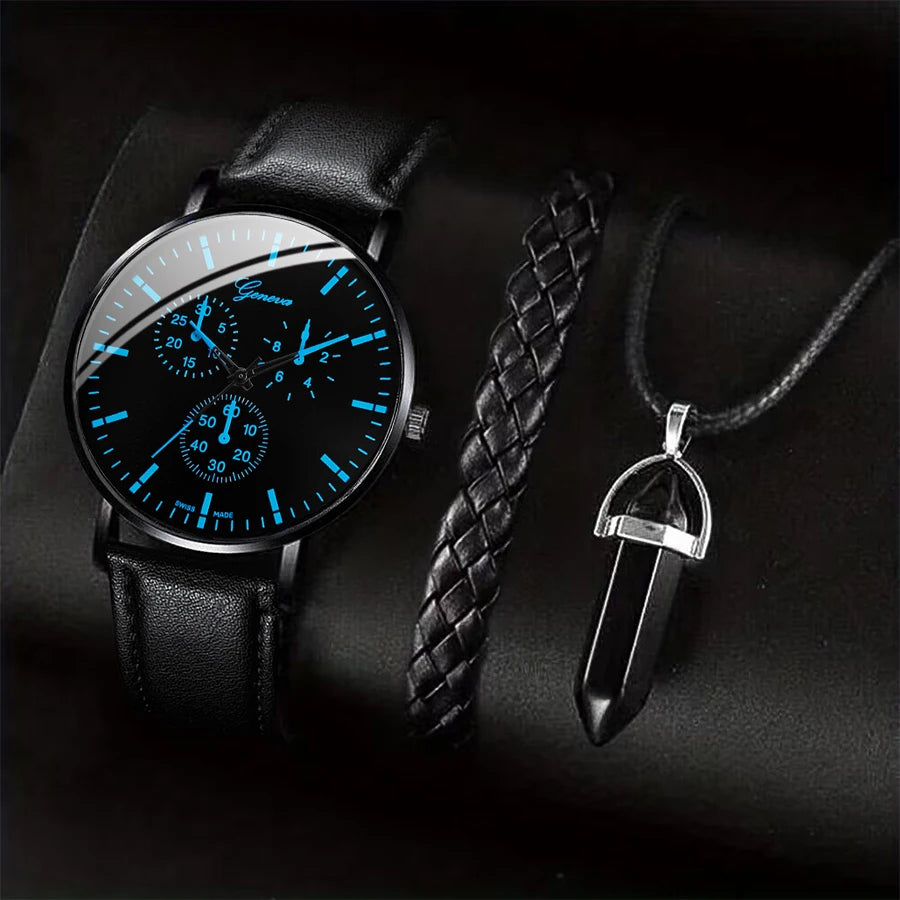 3-Piece Men's Business Casual Quartz Watch Set with Leather Strap, Necklace & Bracelet — 41mm (1.61 in) Case