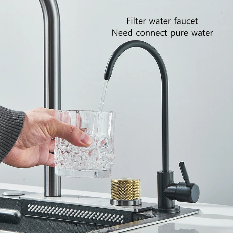304 Stainless Steel Waterfall Kitchen Sink Large Single Bowl Undermount 60 x 45 cm (23.6 x 17.7 in) Brushed Finish Faucet Set 3-Way Pull-Out Sprayer