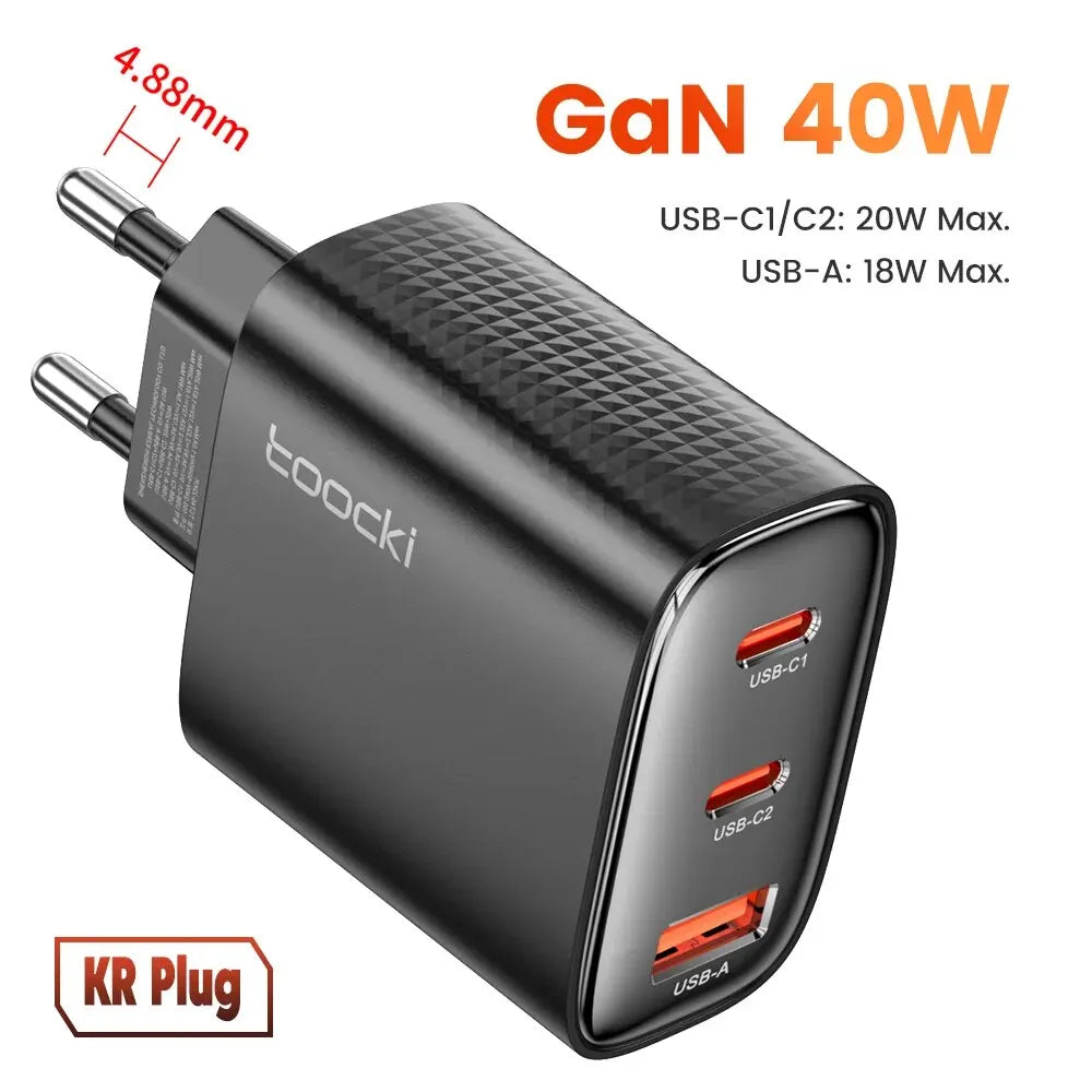 40W GaN 3-Port USB Fast Charger – Dual USB-C PD + USB-A QC4.0 Compact Travel Wall Charger