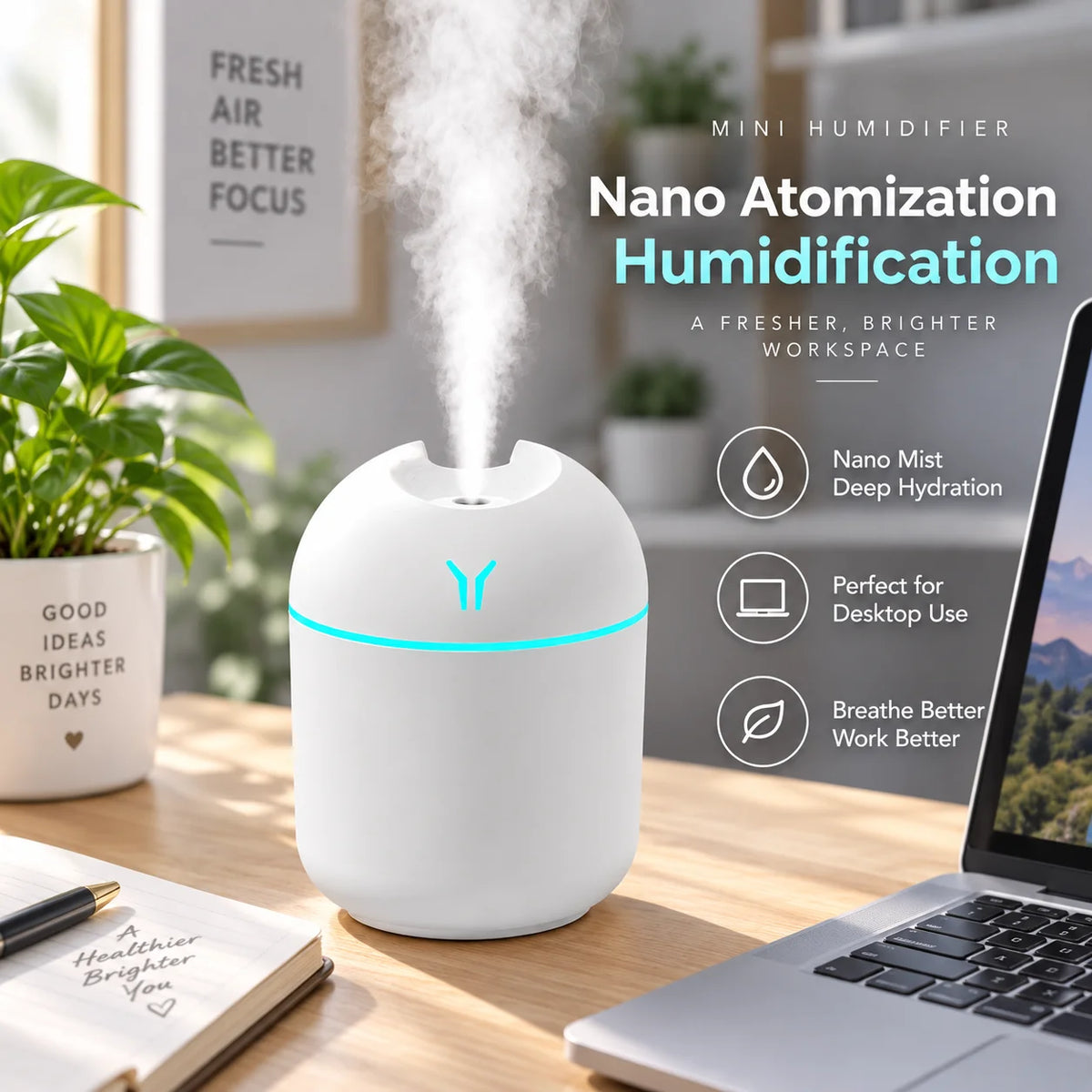 250ml Mini USB Humidifier Aromatherapy Diffuser - Cool Mist, RGB LED Night Light, Quiet for Home Car Office