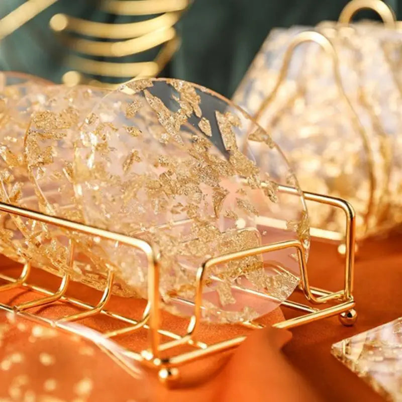 Acrylic Gold & Silver Foil Coasters, Luxury Round 3.7 in (9.5 cm) & Square 4.3 in (11 cm) Table Coasters for Coffee, Kitchen, Wedding