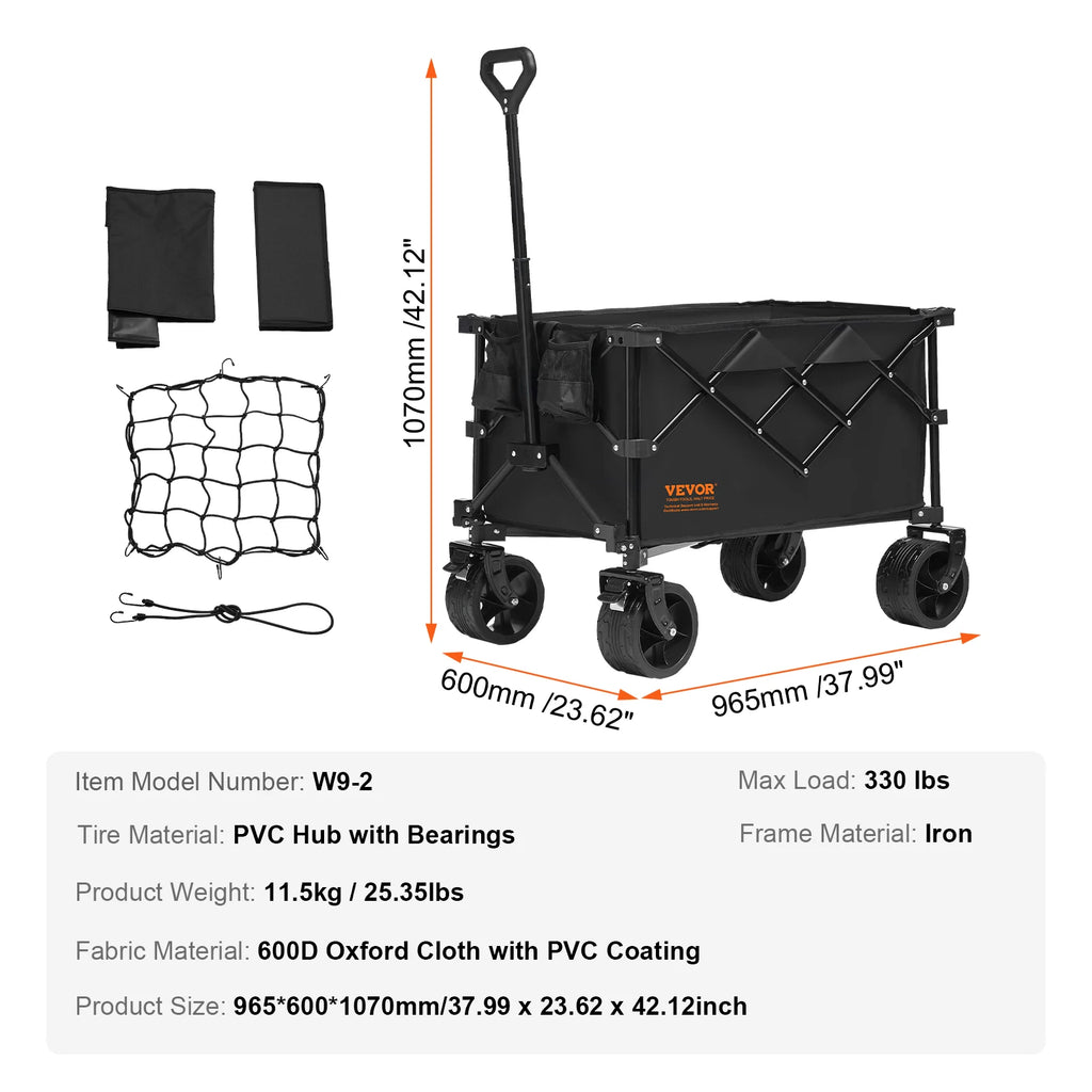 Collapsible Folding Wagon Cart — All-Terrain Beach & Camping Utility Wagon with Drink Holder & Storage Pockets