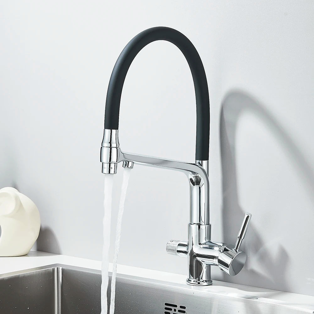 Brass Kitchen Water Filter Faucet Dual-Spout Mixer – 360° Swivel Filtered Drinking Tap, Hot & Cold