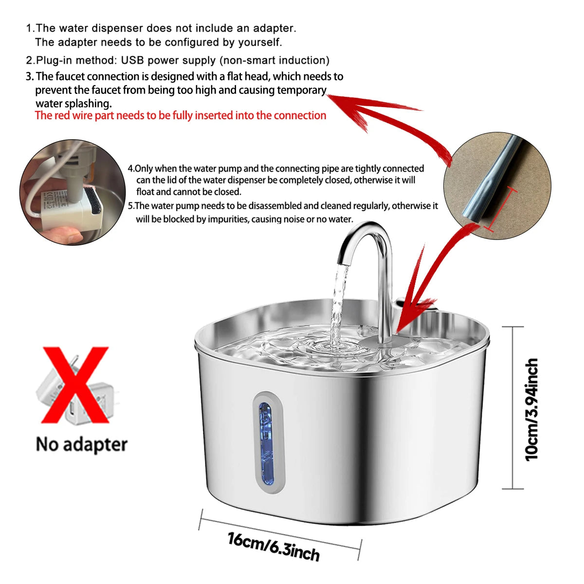 Stainless Steel Pet Water Fountain 2.2L (74.4 fl oz) Ultra-Quiet Pump with Filter, Water-Level Window & LED Light