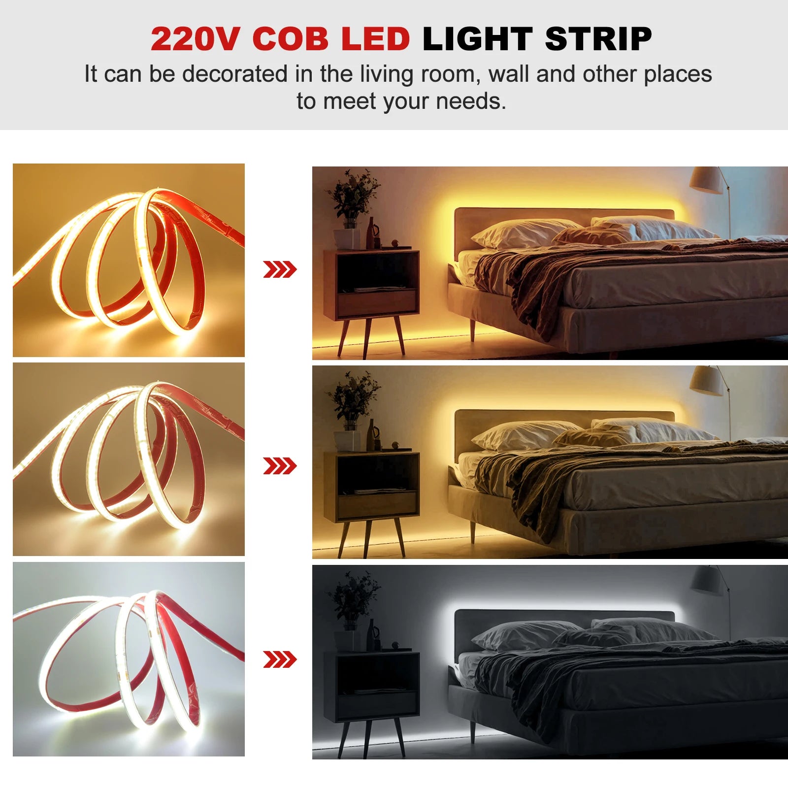 AC 220V COB LED Strip Light — 240 LEDs/m (73 LEDs/ft) IP65 Waterproof, 3000K/4000K/6000K, 10 cm (3.94 in) Cuttable Self-Adhesive Flexible Tape