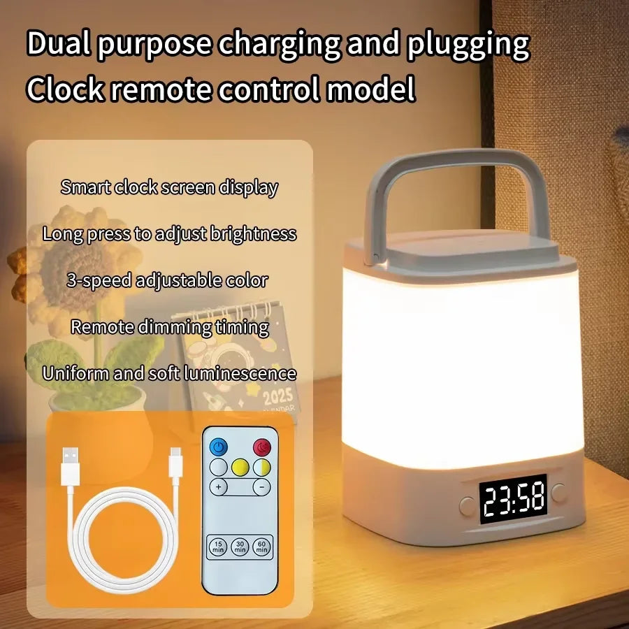 Rechargeable LED Night Light with Clock Display - USB Bedside Lamp, Touch & Remote, Adjustable Brightness & Color Temperature for Nursery & Reading