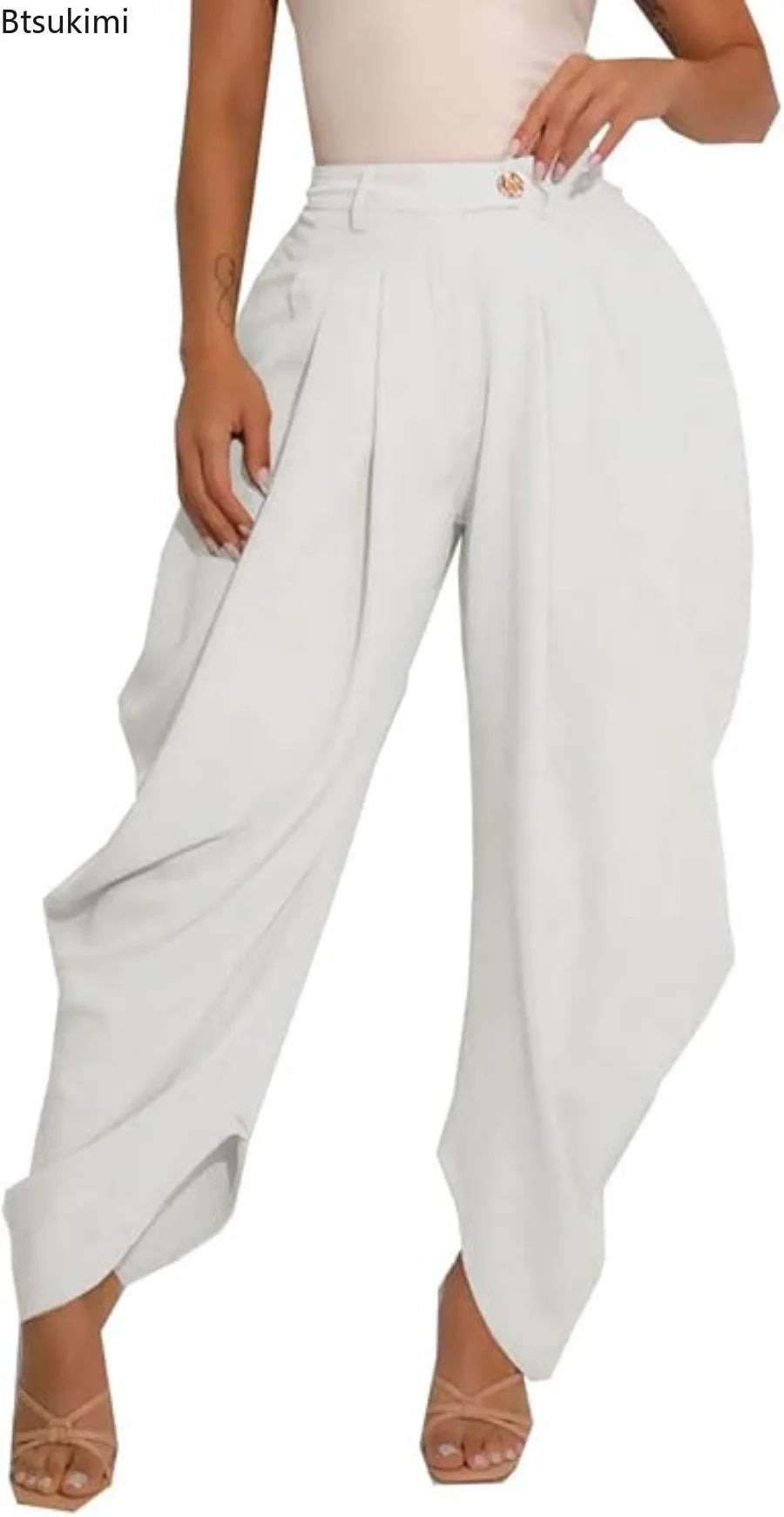 High-Waisted Pleated Wide-Leg Cropped Pants for Women – Loose Harem Skirt-Pant, Casual