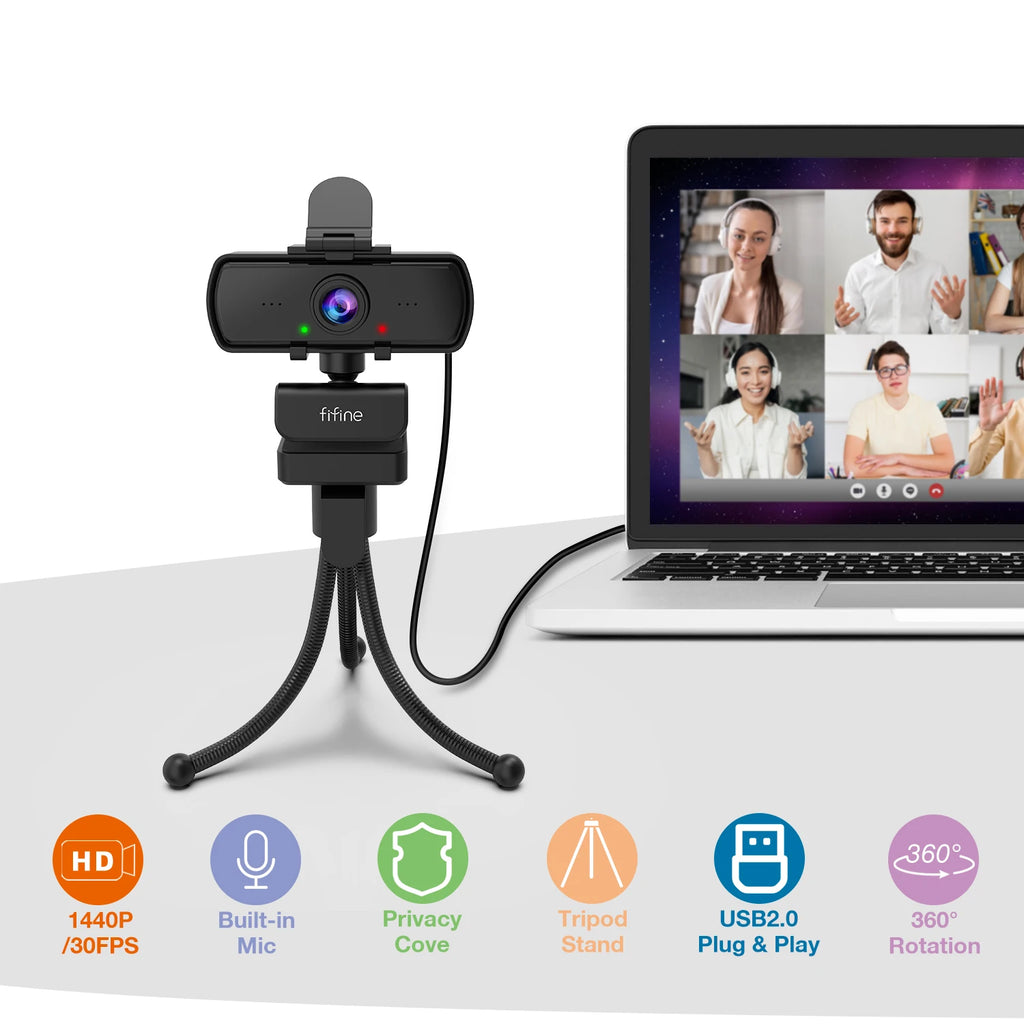 1440p HD USB Webcam with Microphone & Tripod Mount - 108° Wide-Angle, Plug-and-Play for Desktop & Laptop, Live Streaming & Video Calling