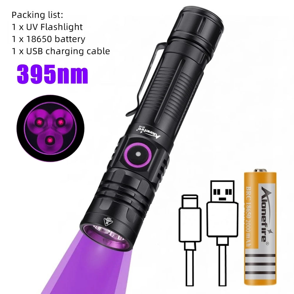 3-LED 365nm UV Blacklight Flashlight USB-C Rechargeable – Pet Stain & Scorpion Detector, UV Glue Curing Torch
