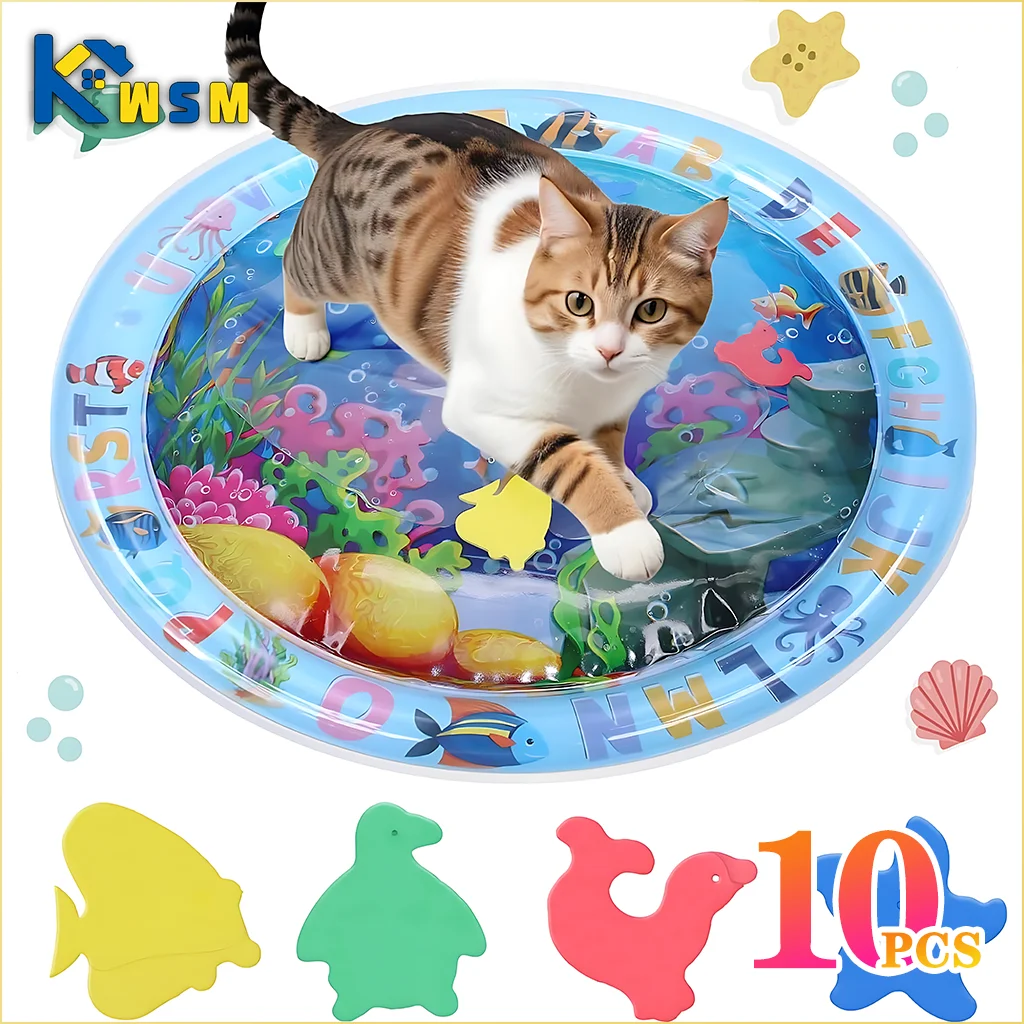 Inflatable Water Sensory Play Mat for Cats & Dogs, Thick PVC Pet Playmat with Fish Ocean Theme