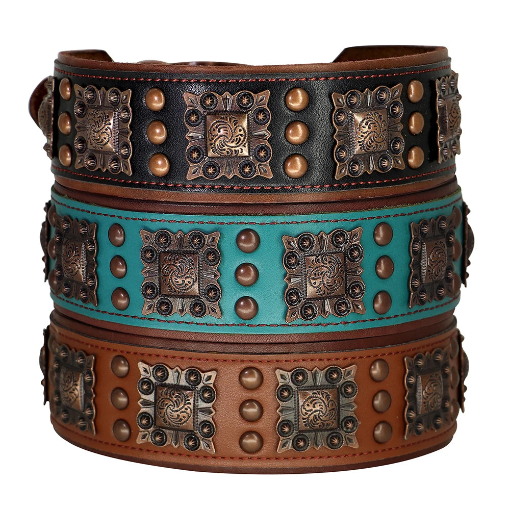 Genuine Leather Spiked Dog Collar – Adjustable L/XL for Medium & Large Dogs (Pitbull, Bulldog, German Shepherd) – Black Brown Green