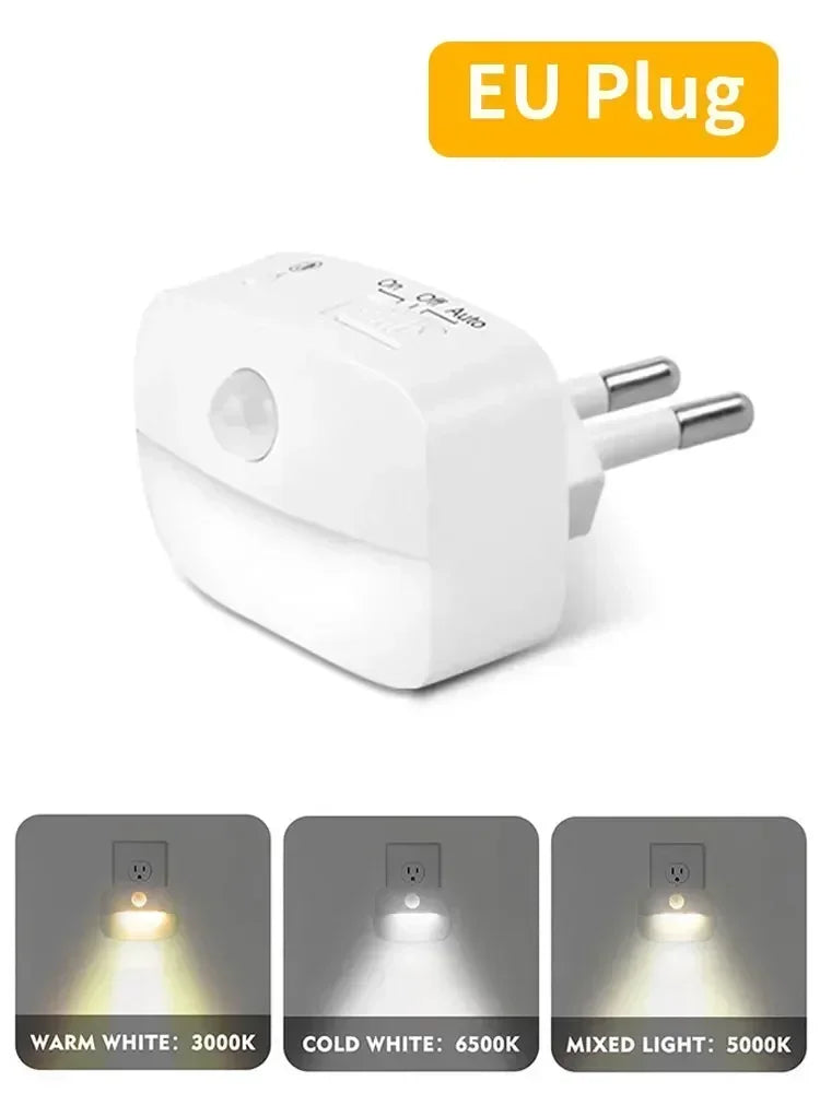 Plug-In PIR Motion Sensor LED Night Light — 3 Color Temperatures & Dimmable for Bedroom, Bathroom, Hallway, Stairs