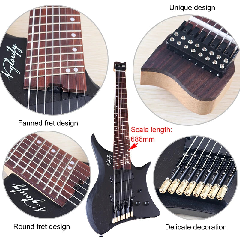 Fanned-Fret 8-String Headless Electric Guitar – Solid Ash Body, Maple Neck, Rosewood Fingerboard, 686mm (27") Scale, Matte Finish