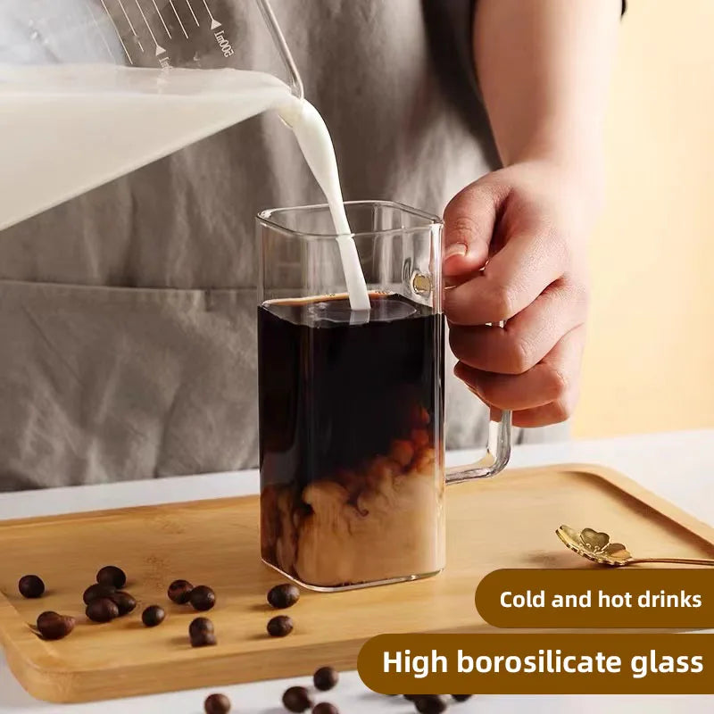 400ml (13.5 oz) Square Glass Mug with Lid and Straw — Microwave Safe Coffee, Milk & Party Drinkware