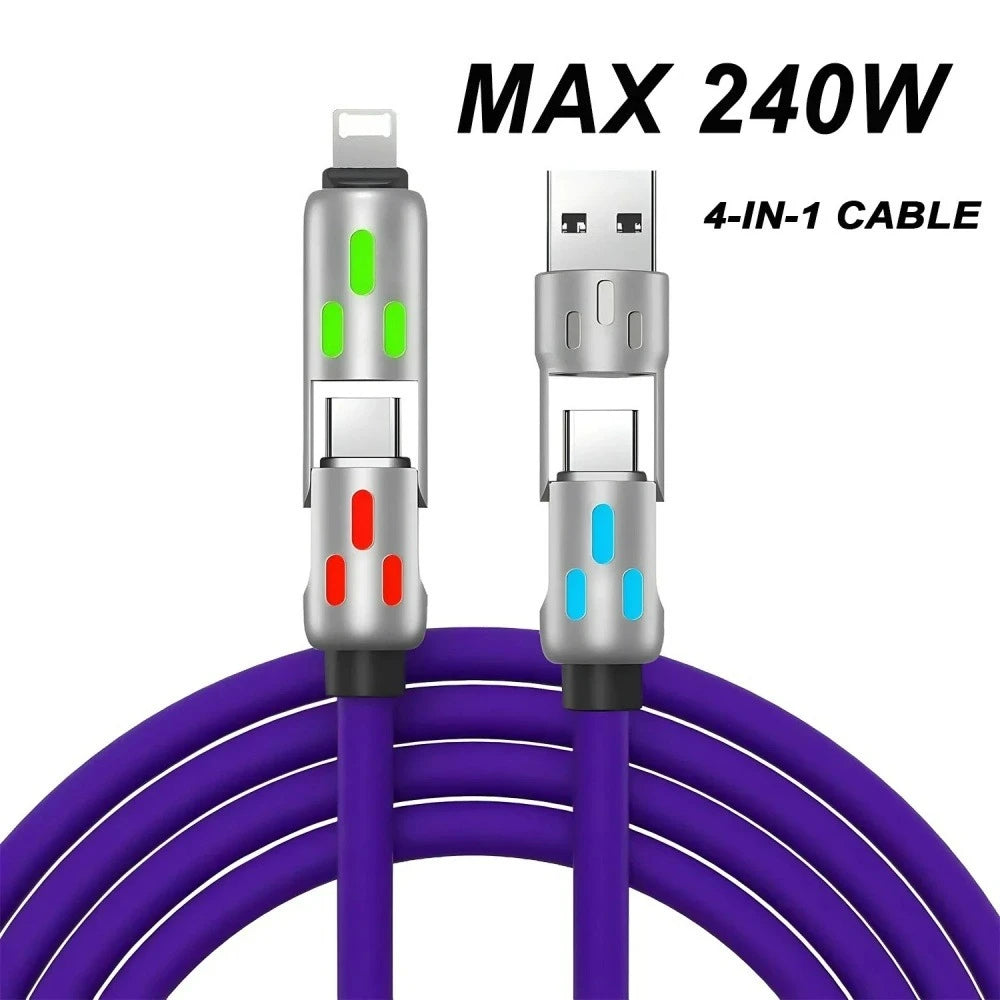 4-in-1 240W USB-C PD Fast Charging Cable — Silicone Power Cord, Type-C to USB-A, Compatible with iPhone Samsung Xiaomi