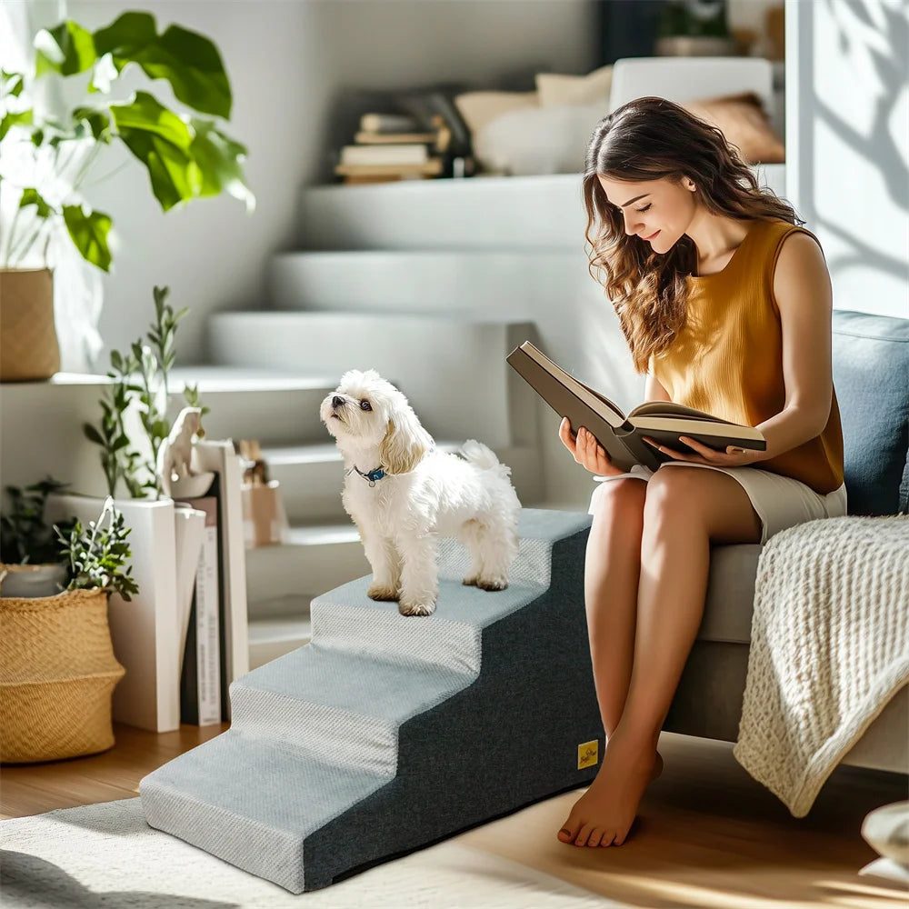 Pet Stairs Ramp 3 & 4-Step — High-Density Foam Dog & Cat Ramp, Removable Washable Cover, Non-Slip Sofa Stairs