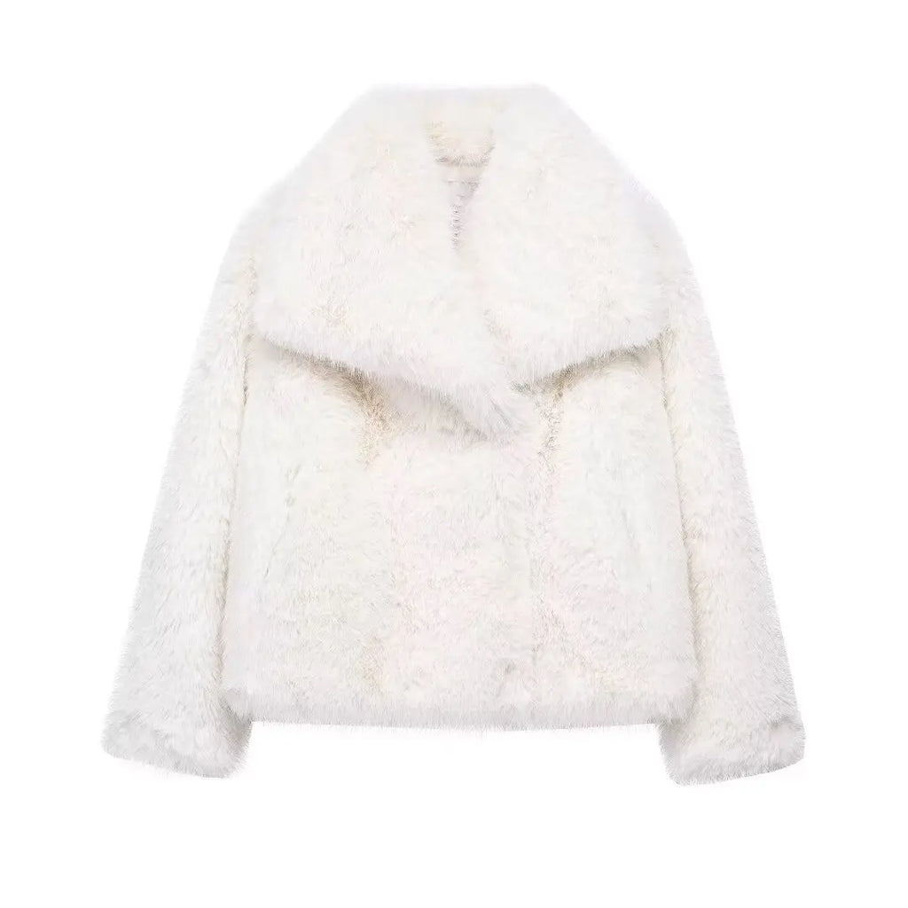 Cropped Faux Fur Jacket for Women – Long Sleeve Snap-Button Lapel Collar Thick Winter Coat