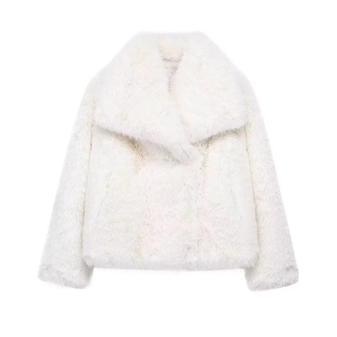 Cropped Faux Fur Jacket for Women – Long Sleeve Snap-Button Lapel Collar Thick Winter Coat