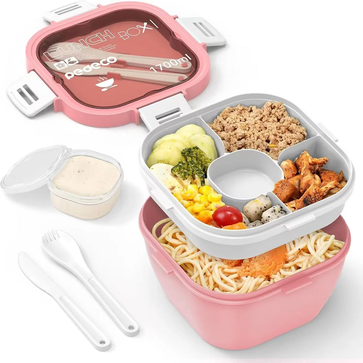 All-in-One Salad Lunch Container 50 fl oz (1.5 L) Stackable Bento Box – 3-Compartment Tray, Leak-Proof Dressing Cup & Reusable Utensils, Dishwasher & Microwave Safe