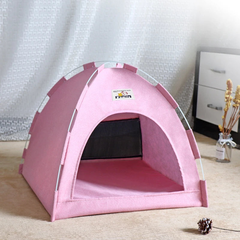 Foldable Cat & Small Dog Tent Bed — Portable Breathable Plush Pet House with Summer Cooling Mat