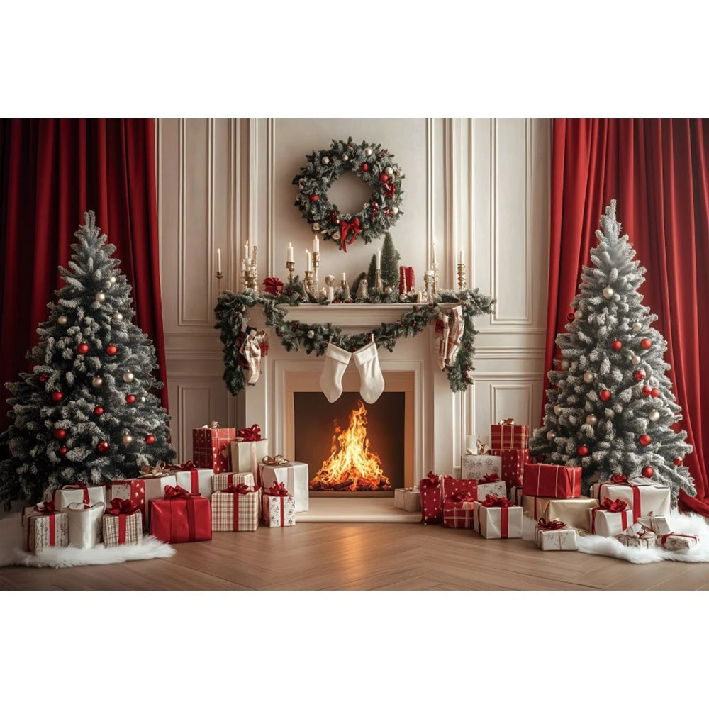 Christmas Photography Backdrop - Red Curtain & Window Scene with Snowy Bear and Gifts for Kids & Family Portraits
