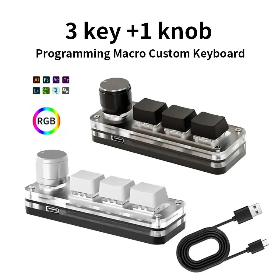 RGB Mechanical Macro Pad — 3-Key Programmable Mini Macropad with Knob, Hot-Swap USB-C for Photoshop & Gaming
