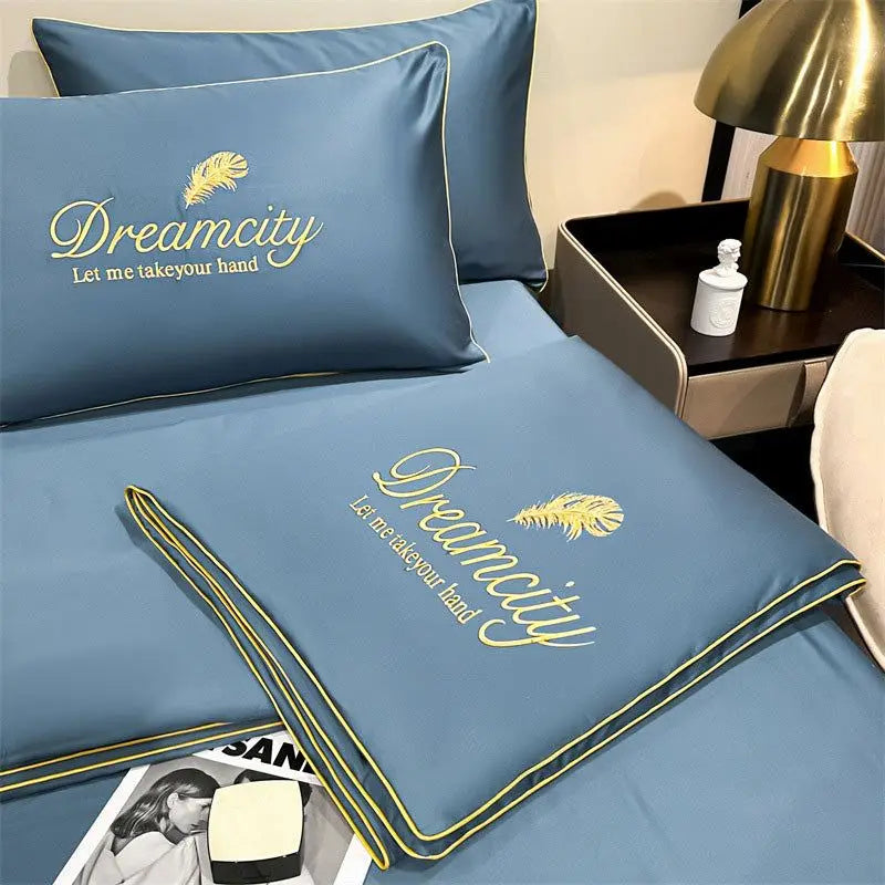 Embroidery Summer Cooling Quilt - Breathable Ice Silk Comforter 4-Piece Bedding Set (Queen 200 x 230 cm / 78.7 x 90.6 in)