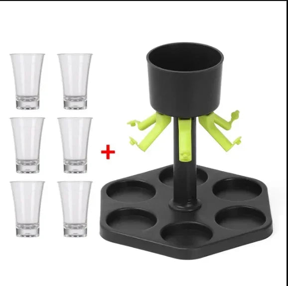 6-Shot Liquor Dispenser Shot Glass Drinking Game — 1.5 fl oz (44 ml) Cups, 1 L (1000 ml) Center Reservoir — Party & Home Bar with Removable Lid