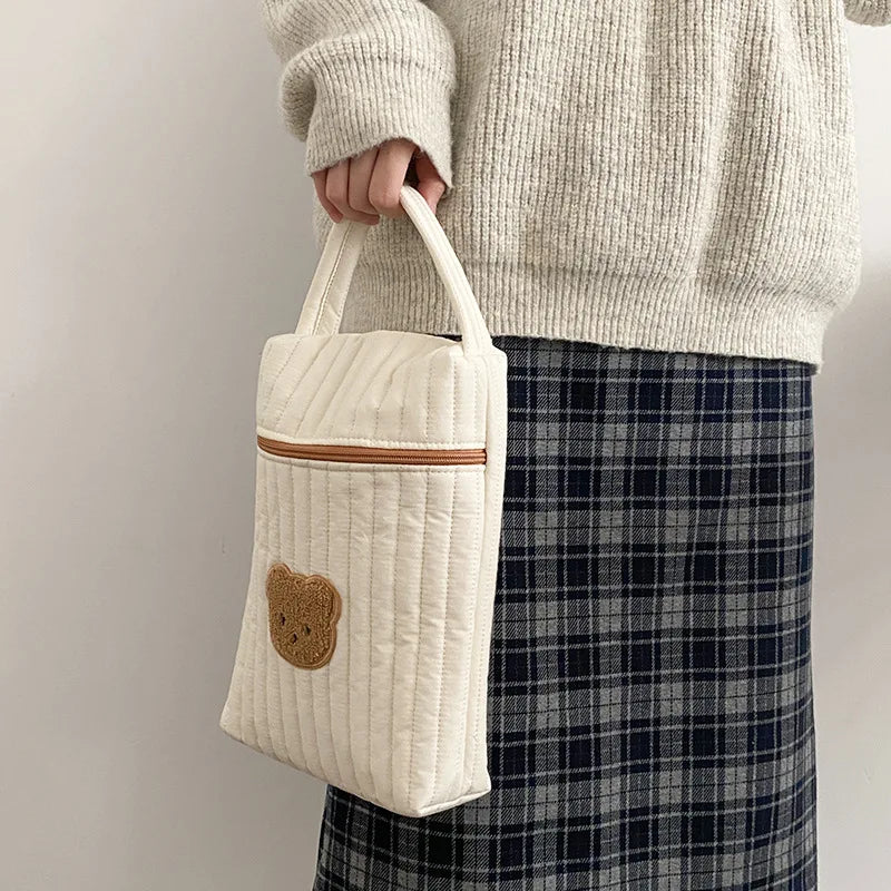 Cotton Bear Print Diaper Bag for Mom - Beige Maternity Nappy Organizer Tote with Zipper