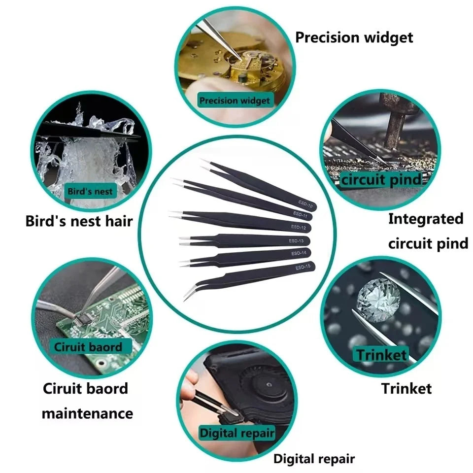 Antistatic Stainless Steel Tweezers Set - 6-Piece Precision ESD Tweezers (Curved & Straight) for Electronics Repair, Model Making & Beauty