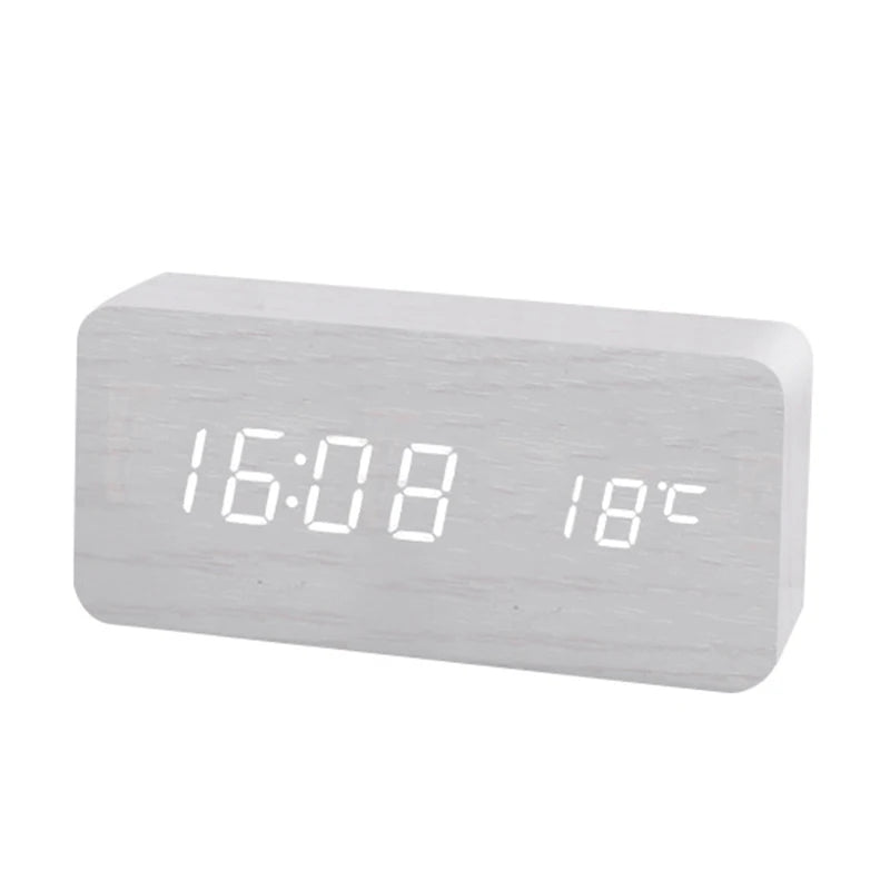 Wooden LED Digital Alarm Clock with Temperature Display — 3 Alarms & Adjustable Brightness, USB Bedside Desk Clock