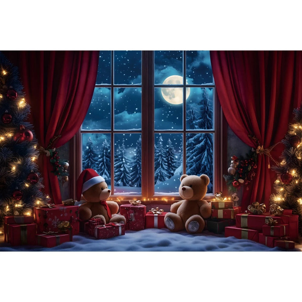 Christmas Photography Backdrop - Red Curtain & Window Scene with Snowy Bear and Gifts for Kids & Family Portraits