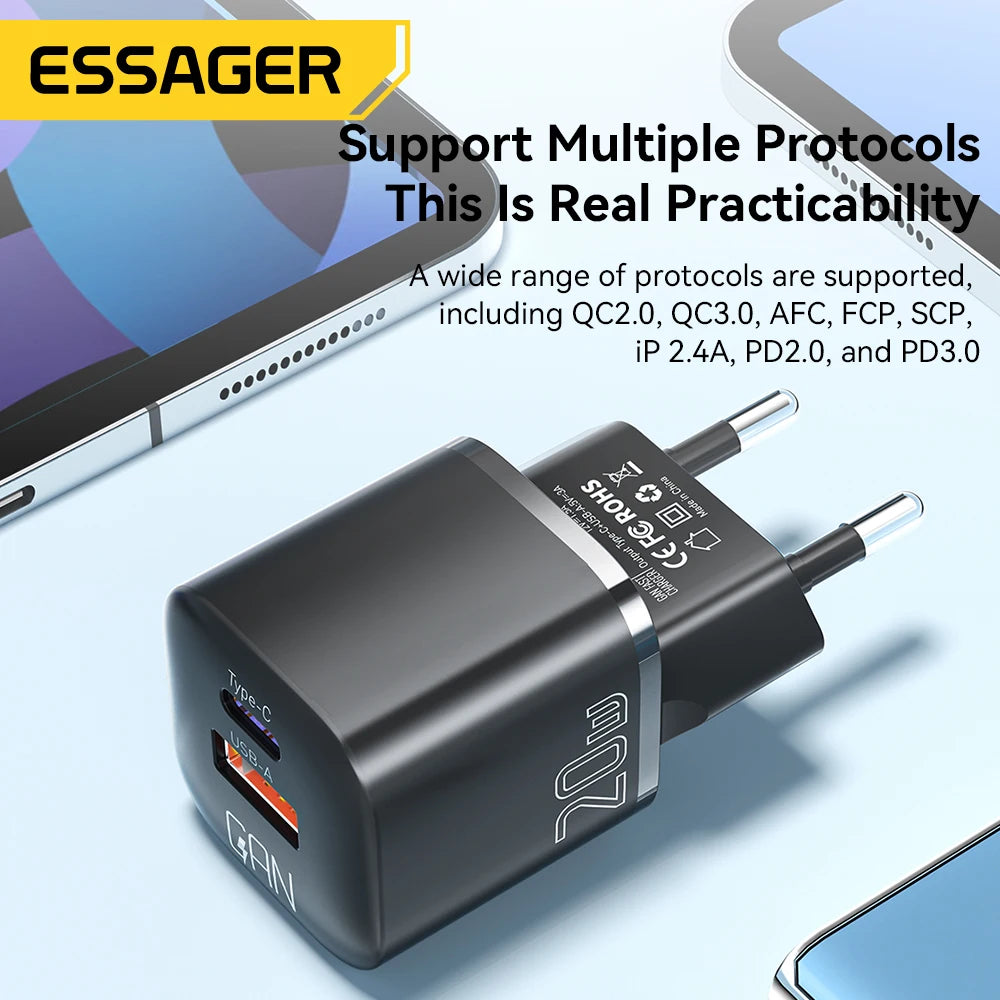 20W GaN USB-C Travel Charger with USB-A & USB-C Ports, USB PD & Quick Charge