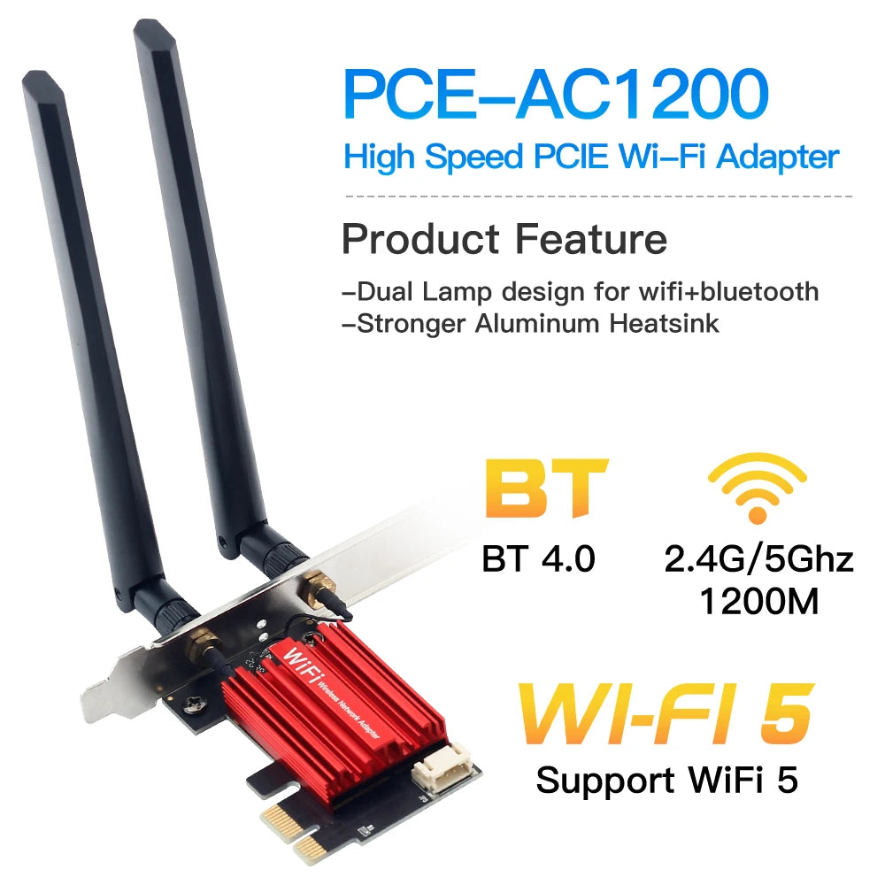 Wi‑Fi 5 PCI-E AC1200 Dual-Band Wireless Adapter with Bluetooth 4.0 — PCIe Network Card (2.4/5 GHz) for Desktop Windows 7/8/10/11