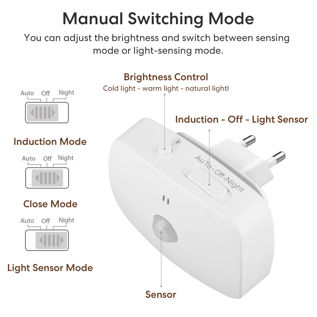 LED Motion Sensor Night Light EU Plug Dimmable PIR Light with Light Sensor Energy-Saving for Hallway Stairs Bathroom