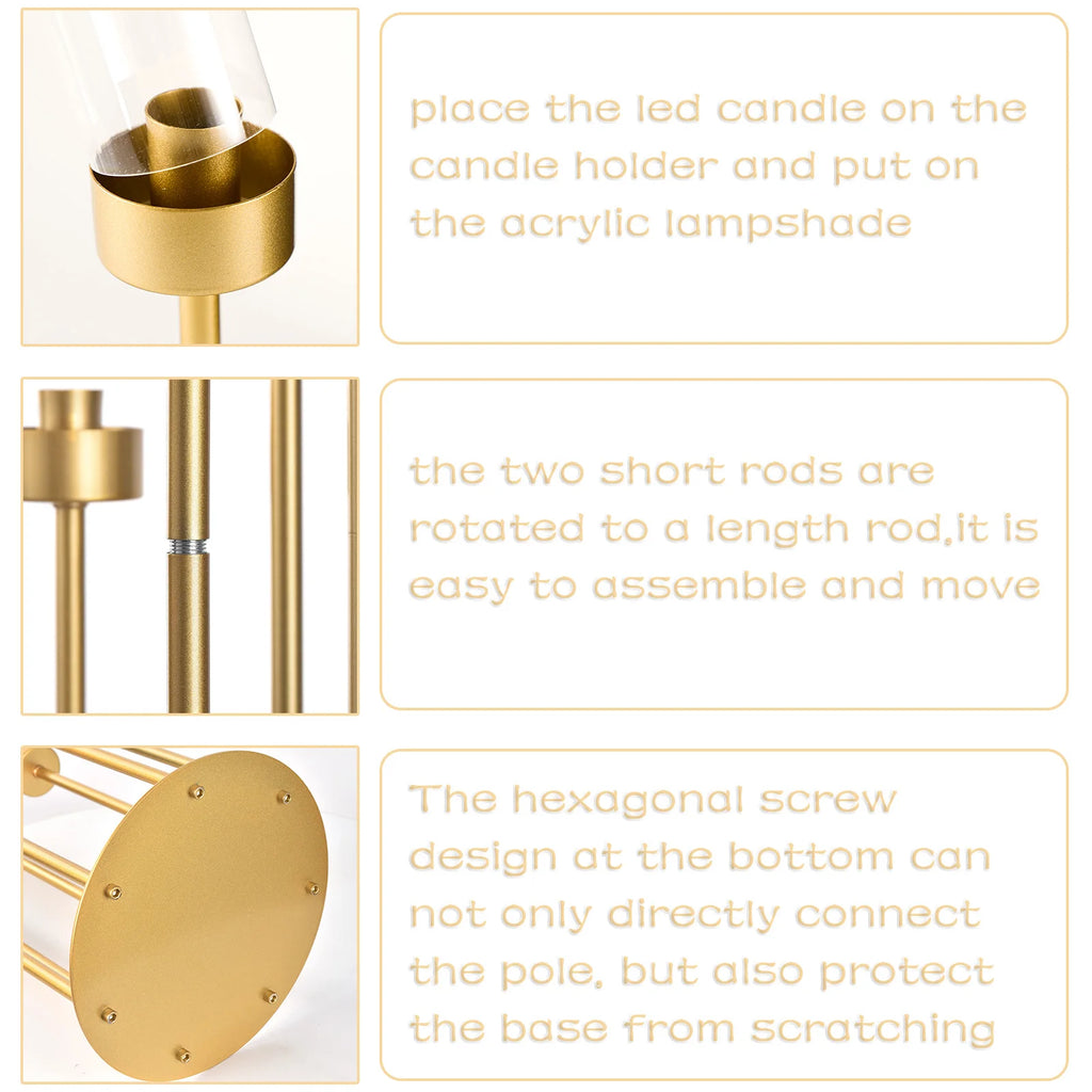4-Pack 7-Arm Gold Floor Candelabra, 48 in (122 cm) Tall Metal Wedding Centerpiece with Removable Acrylic Shades