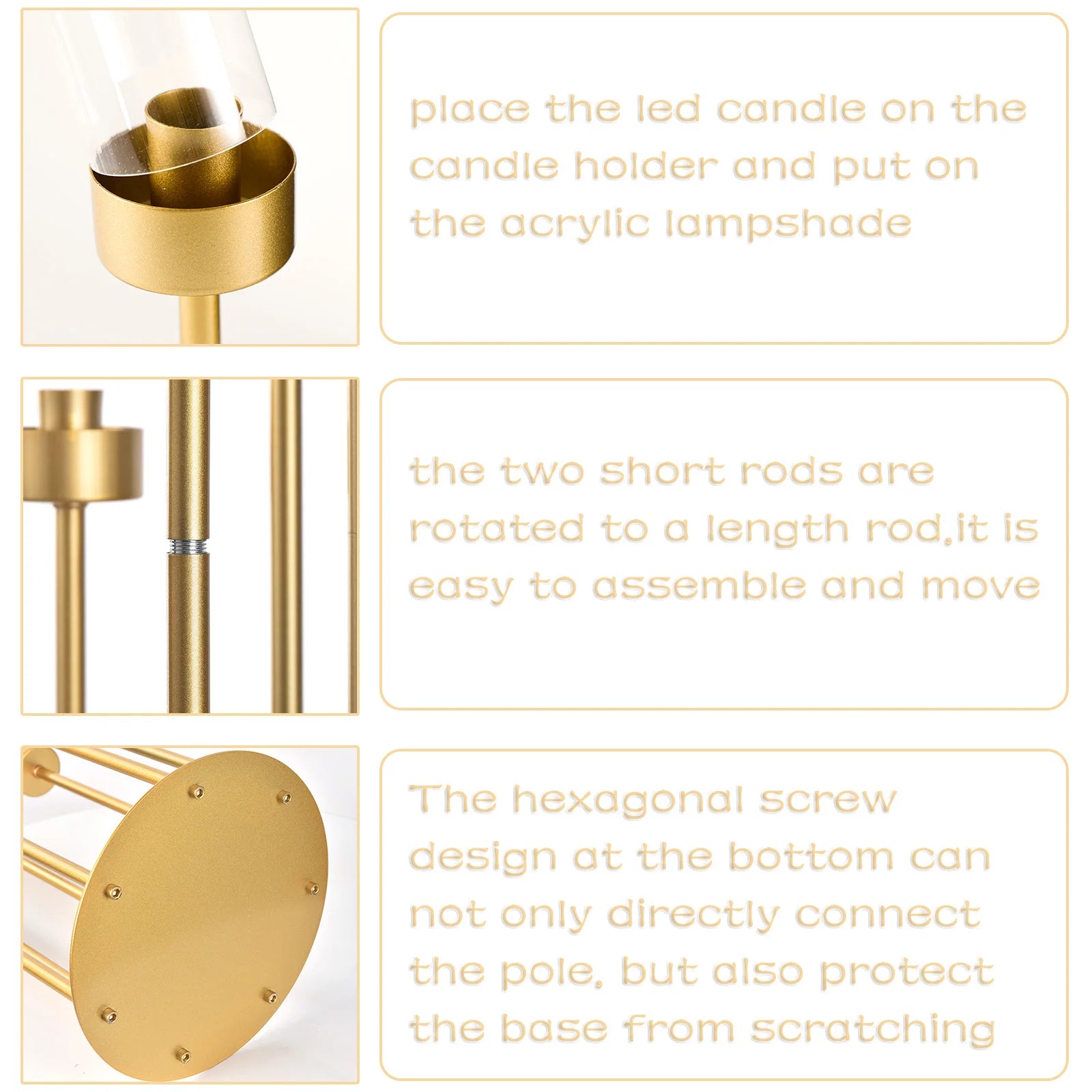 4-Pack 7-Arm Gold Floor Candelabra, 48 in (122 cm) Tall Metal Wedding Centerpiece with Removable Acrylic Shades