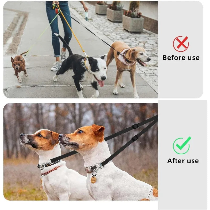 Adjustable Double Dog Leash — No-Tangle 2-Dog Distributor Lead, 30–50 cm (12–20 in) Nylon Walking Leash, Black