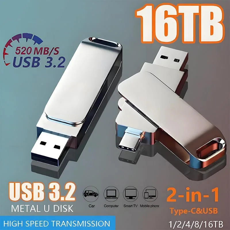 16TB USB 3.2 Flash Drive — 2-in-1 USB-C & USB-A OTG Pendrive, High-Speed Waterproof