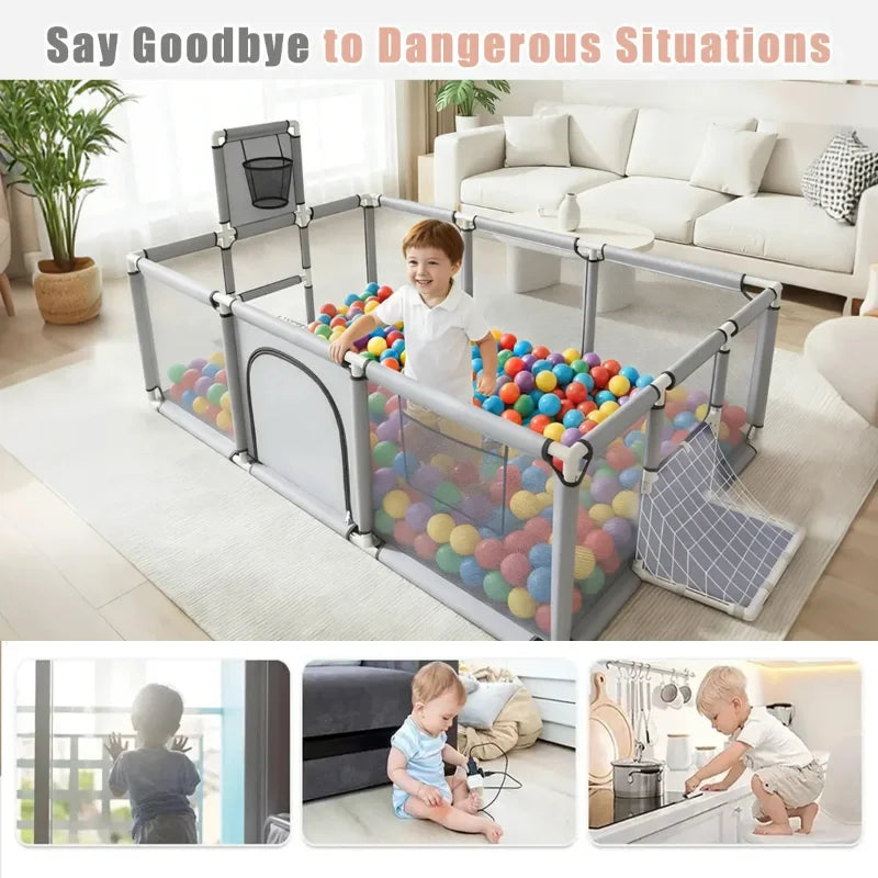 Large Baby Playpen Play Yard with Ball Pit Option & Safety Barrier — 107×235×129 cm (42×93×51 in) Portable Infant Toddler Playpen