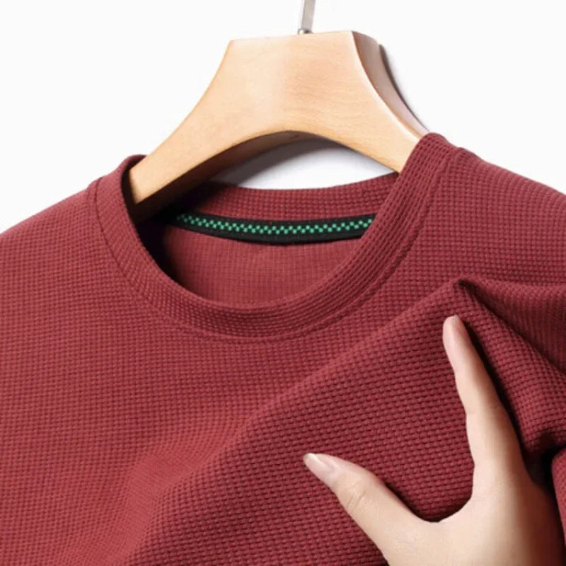 Men's Summer Waffle Knit Short Sleeve T-Shirt Round Neck Casual Breathable Tee